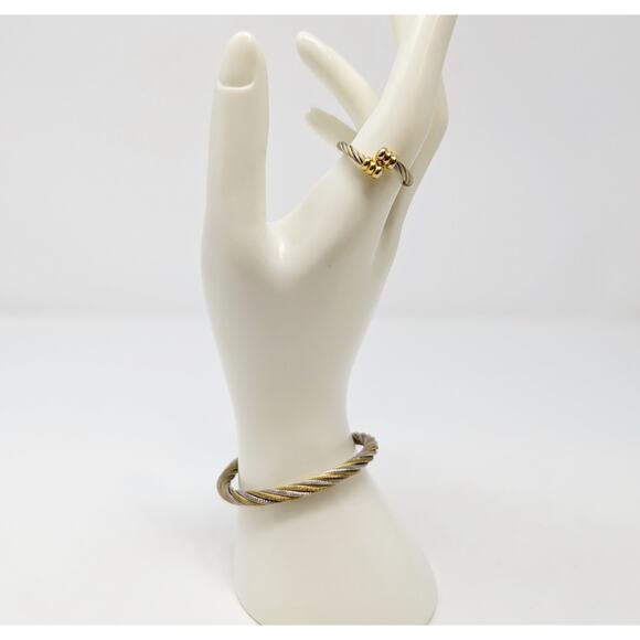 Silver Gold Tone Adjustable Steel Twisted Cable Cuff Bangle Bracelet Ring Set - Picture 1 of 8